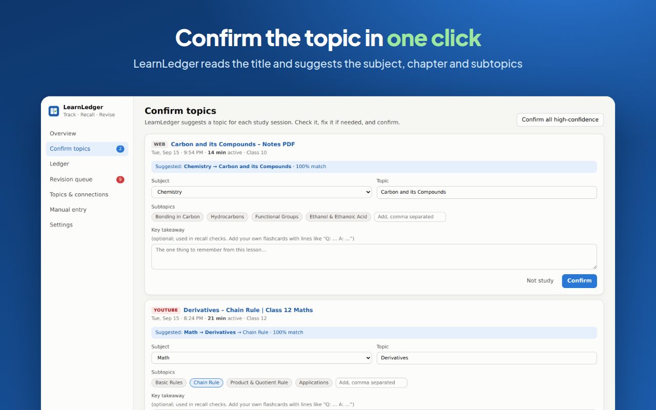 Topic confirmation screen with suggested subject and chapter