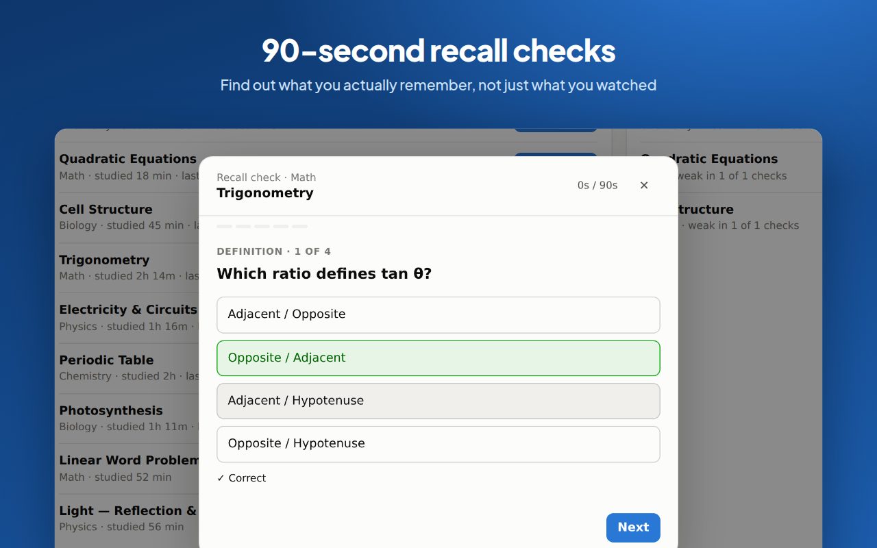 A 90-second recall check question